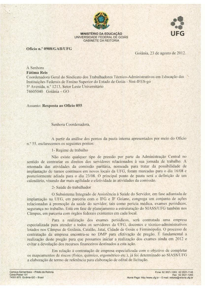 REITORIA RESPONDE A PAUTA INTERNA DA CATEGORIA - 2012 - 1
