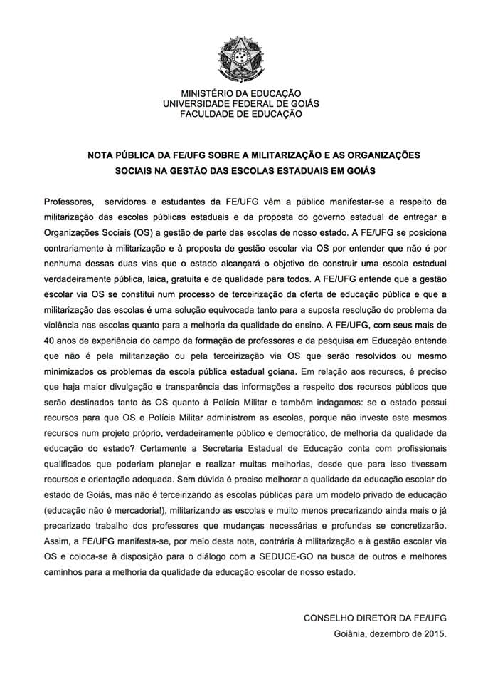 NOTA - FACULDADE DE EDUCAÇÃO DA UFG