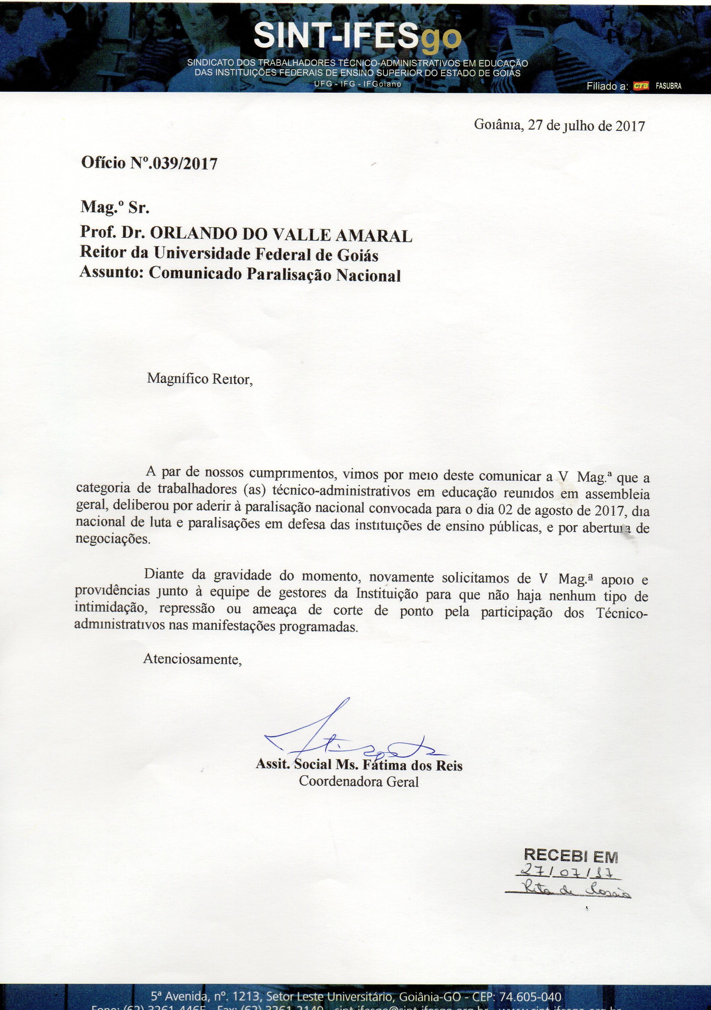 PARALISAÇÕES EM DEFESA DAS IFES - OFICIO UFG