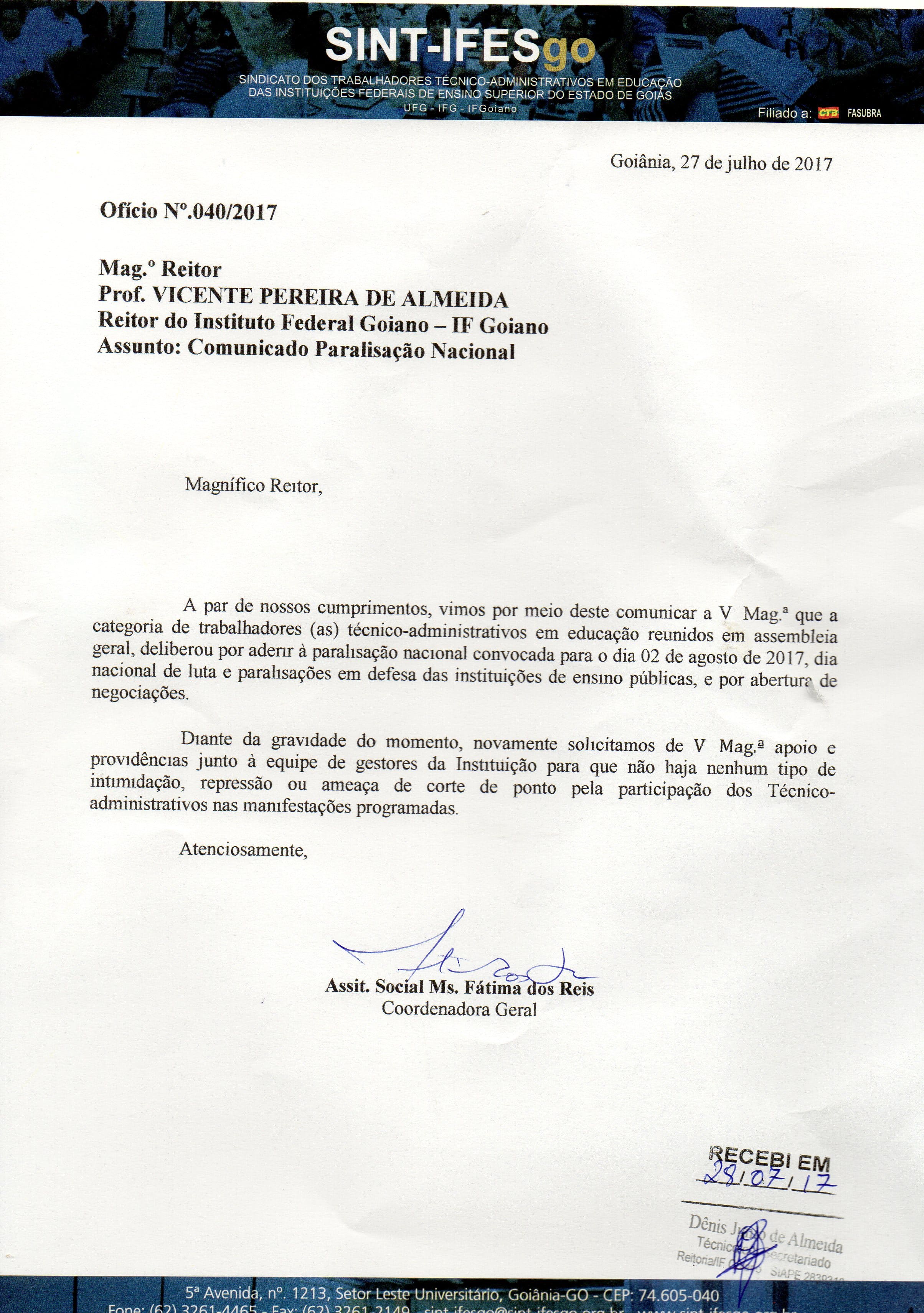 PARALISAÇÕES EM DEFESA DAS IFES - OFICIO IFGOIANO