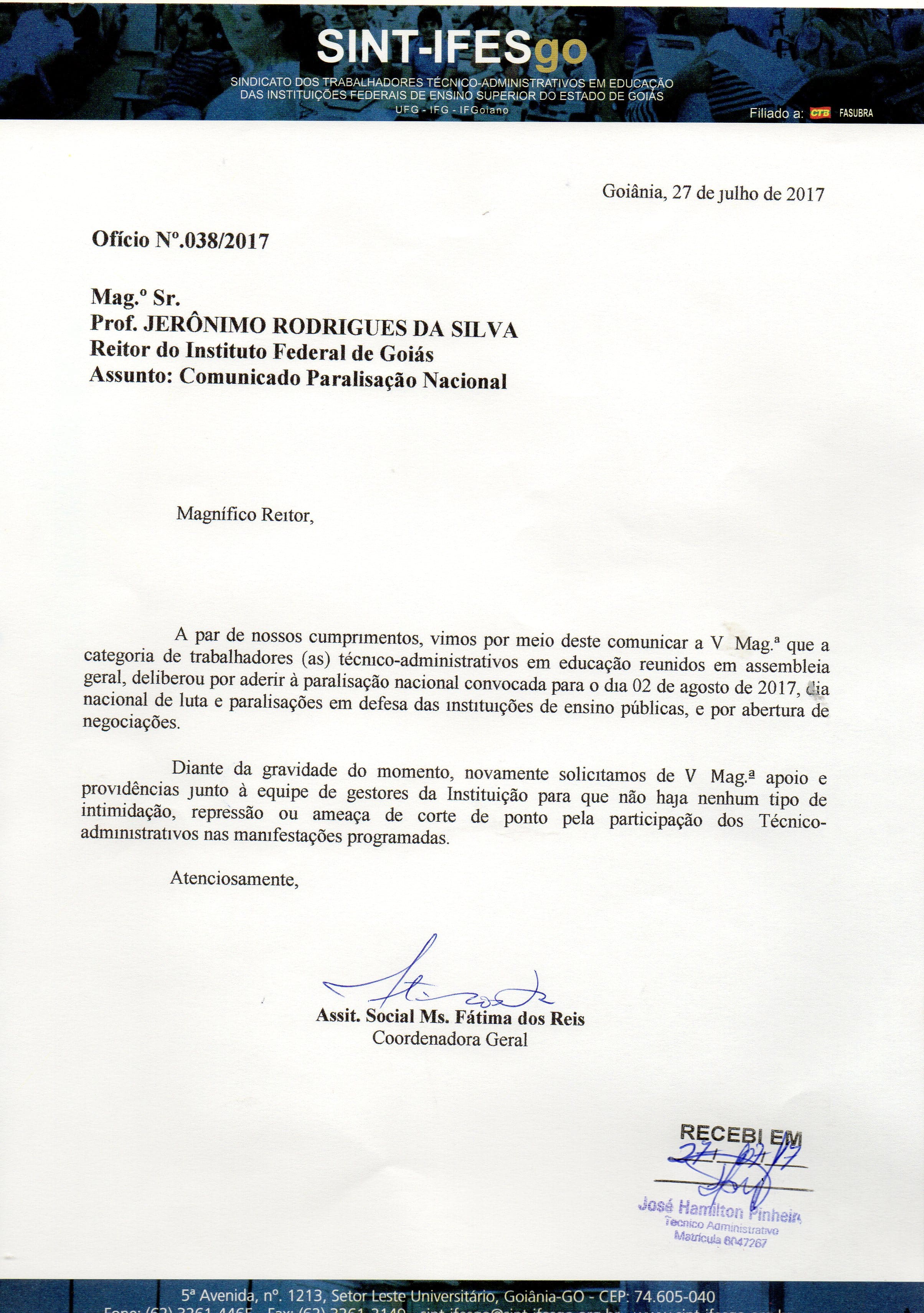PARALISAÇÕES EM DEFESA DAS IFES - OFICIO IFG