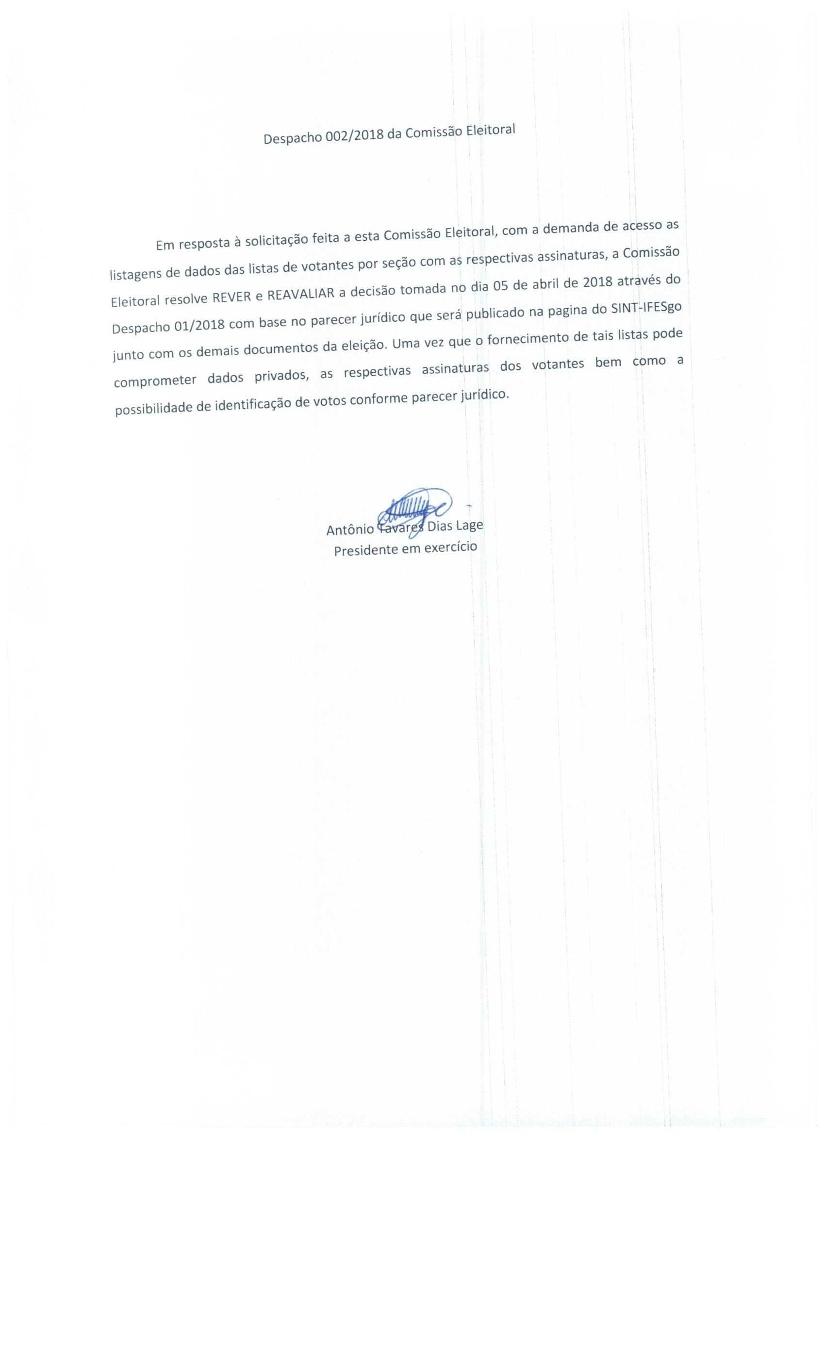 (11/04/2018) - DESPACHO 002/2018 
