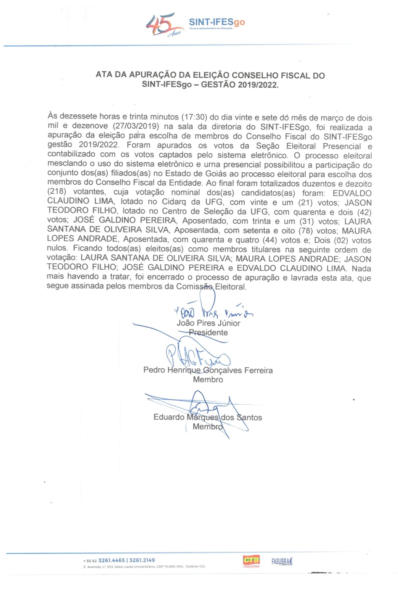 ATA DE APURAÇÃO - ELEIÇÕES PARA O CONSELHO FISCAL DO Sint-IFESGO